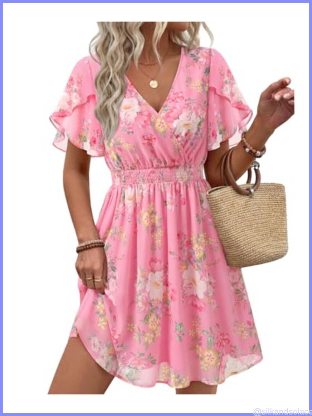 Women's Boho Ruffle Sleeve Dress V-Neck Chiffon Flowy Summer Casual